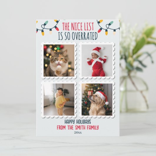 Grappig leuk lijstje overschat 4 foto kerst feestdagenkaart (Staand voorkant)
