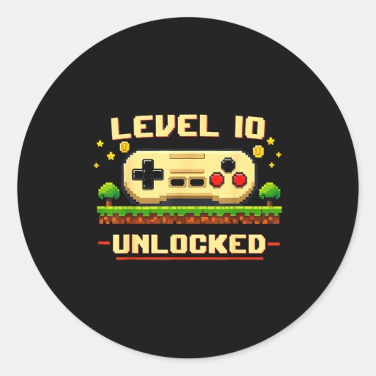 Grappig level 10 ontgrendeld videospel 10e verjaar ronde sticker (Voorkant)