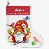 Grappig lint kabouter met vogels gepersonaliseerd grote kerstsok (Voorkant)