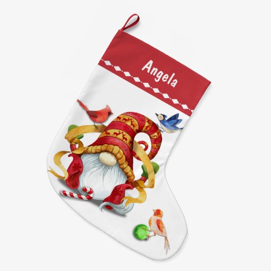 Grappig lint kabouter met vogels gepersonaliseerd grote kerstsok (Voorkant (Hangend))