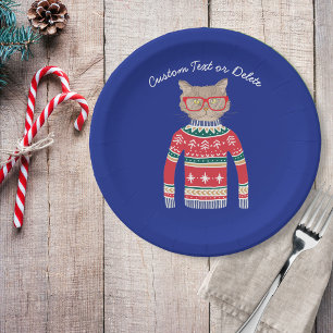 Grappig lomp kerstkeuken, aangepaste kat over papieren bordje