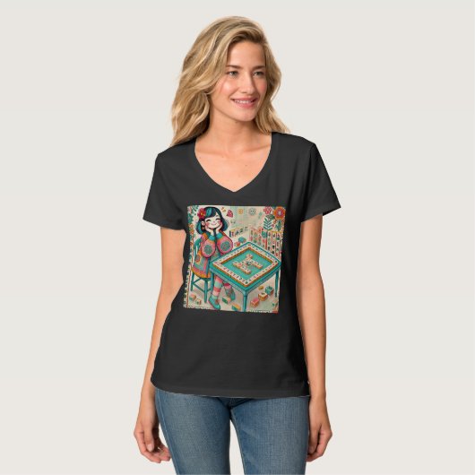 Grappig mahjong chick ontwerp voor vrouwen meisjes t-shirt (Voorkant volledig)