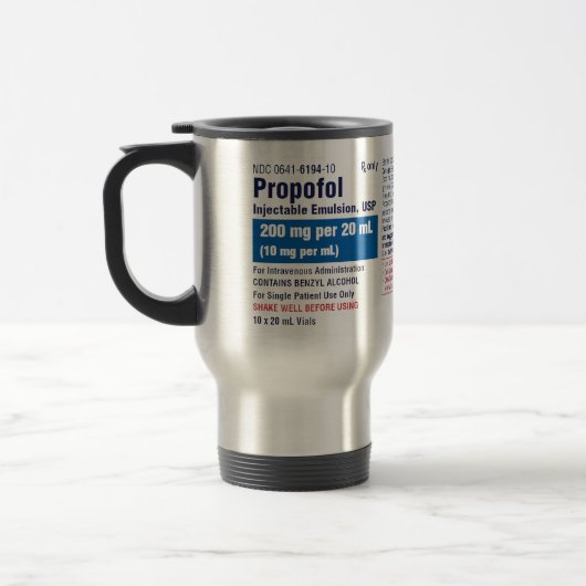 Grappig medisch Propofol-label Reisbeker (Links)