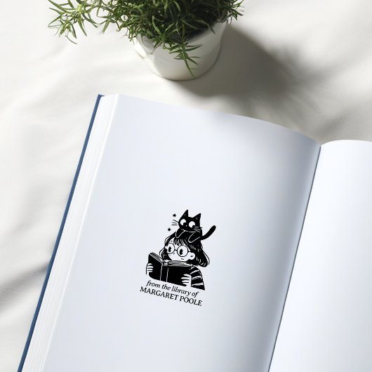 Grappig meisje met kat ex-libris rubberstempel