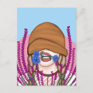 Grappig meisje met korenbloemen op een heiveld briefkaart