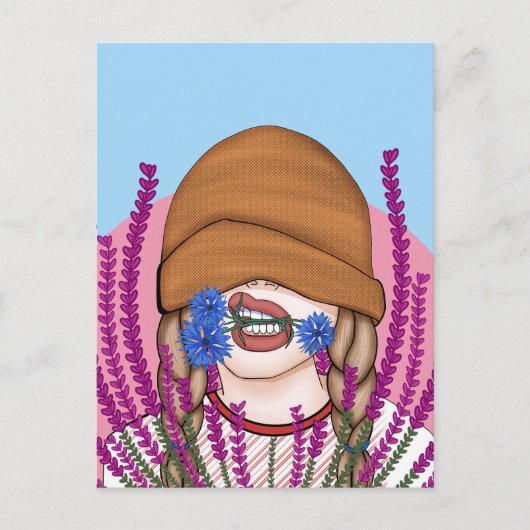 Grappig meisje met korenbloemen op een heiveld briefkaart (Voorkant)