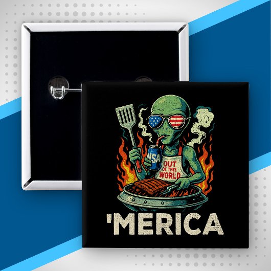 Grappig ’Merica Alien BBQ Grillende Patriotische R Vierkante Button 5,1 Cm