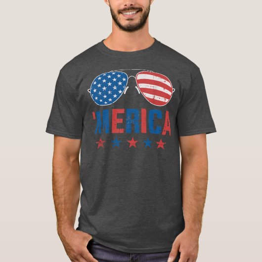 Grappig Merica met zonnebril Vlag op 4 juli T-shirt (Voorkant)
