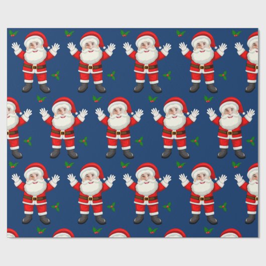 Grappig Merry Christmas Leaf Custom Santa Face Blu Cadeaupapier (Vlak)