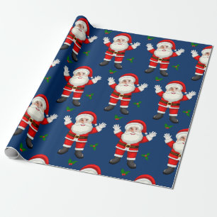 Grappig Merry Christmas Leaf Custom Santa Face Blu Cadeaupapier
