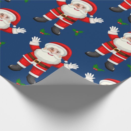 Grappig Merry Christmas Leaf Custom Santa Face Blu Cadeaupapier (Hoek)