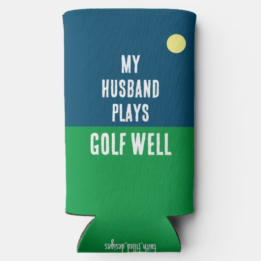 Grappig "Mijn man speelt goed golf." Blauw en Wit Seltzer Blikjeskoeler (Achterkant)