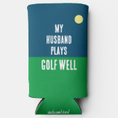 Grappig "Mijn man speelt goed golf." Blauw en Wit Seltzer Blikjeskoeler (Voorkant)