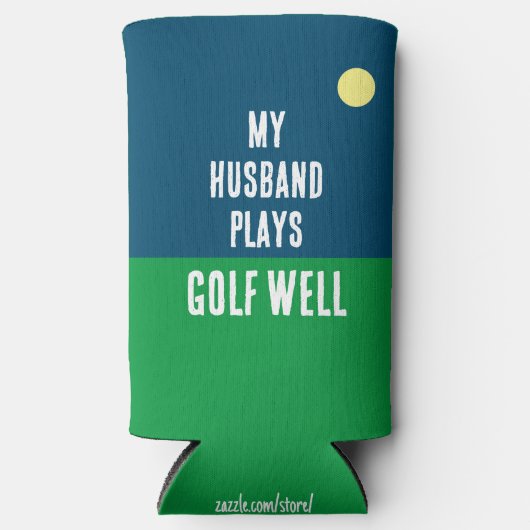 Grappig "Mijn man speelt goed golf." Blauw en Wit Seltzer Blikjeskoeler (Voorkant)