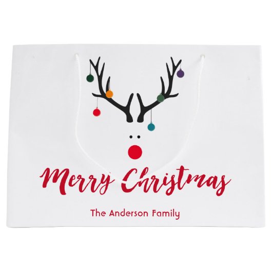 Grappig minimalistisch kerstrendiertje op wit large cadeautasje (Voorkant)