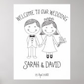 Grappig modern bruiloft cartoon-paar welkom poster (Voorkant)