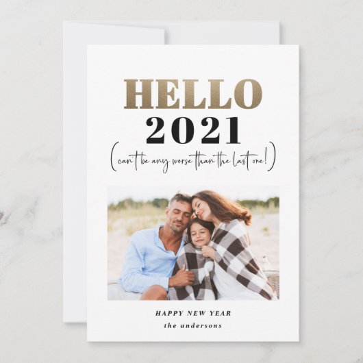 Grappig modern typografiegoud hallo nieuwjaarfoto feestdagenkaart (Voorkant)