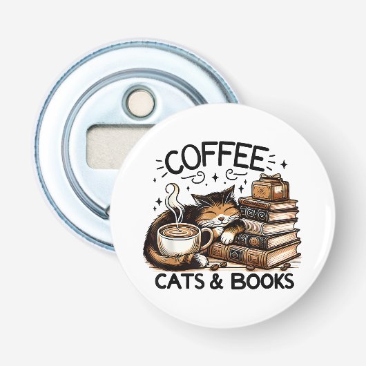 Grappig Moppig Koffie Katten Boeken Fan Cadeau Ide Button Flesopener (Voorkant)