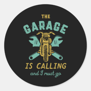 Grappig motorfietsmechanisme dat de garage noemt ronde sticker