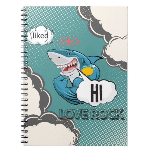 Grappig Muscular Shark Comic Notitieboek – HI, LOV (Voorkant)