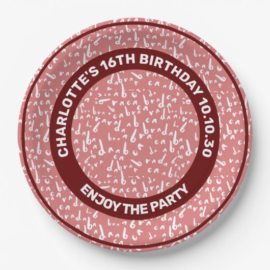 Grappig naadloos patroon Abracadabra wit op roze Papieren Bordje (Voorkant)