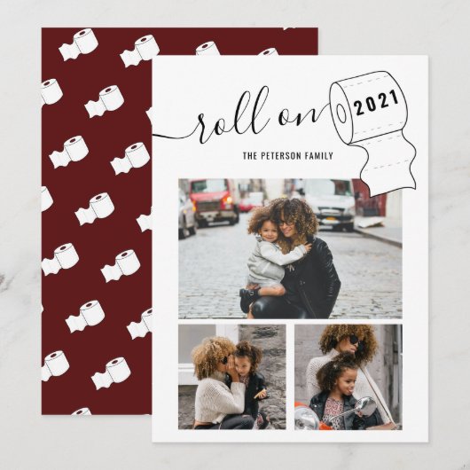 Grappig Nieuwjaar rol op wc-papier 3 foto's rood Kaart (Voorkant / Achterkant)