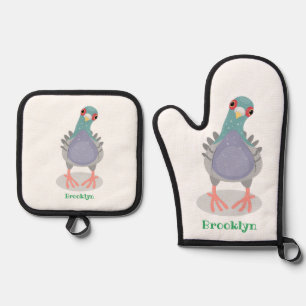 Grappig nieuwsgierig cartoon illustratie ovenwant & pannenlap set