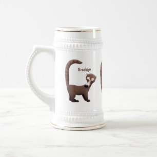 Grappig nieuwsgierig coatimundi cartoon illustrati bierpul