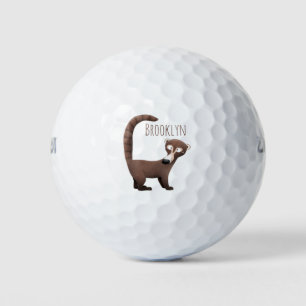 Grappig nieuwsgierig coatimundi cartoon illustrati golfballen