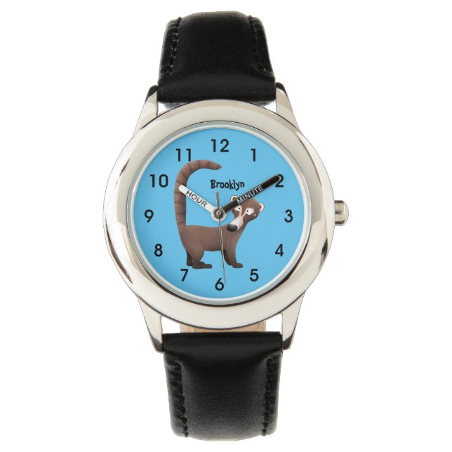 Grappig nieuwsgierig coatimundi cartoon illustrati horloge (Voorkant)