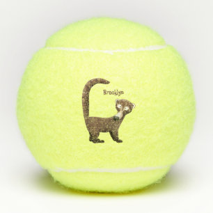 Grappig nieuwsgierig coatimundi cartoon illustrati tennisballen