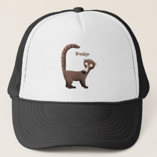 Grappig nieuwsgierig coatimundi cartoon illustrati trucker pet