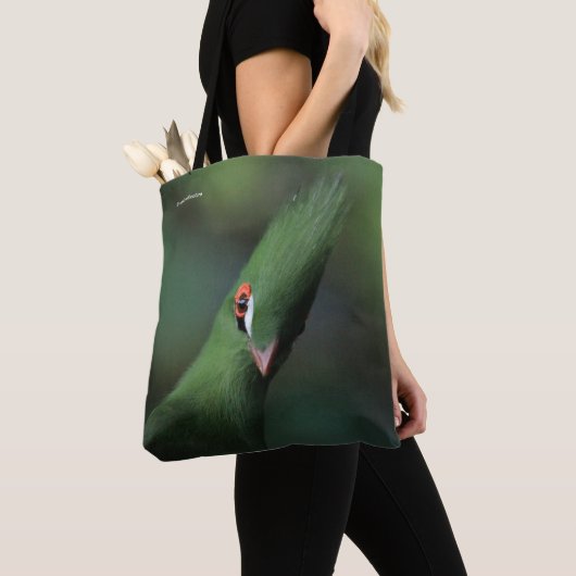 Grappig nieuwsgierig Guinee Turaco Green Bird Tote Bag (Dichtbij)
