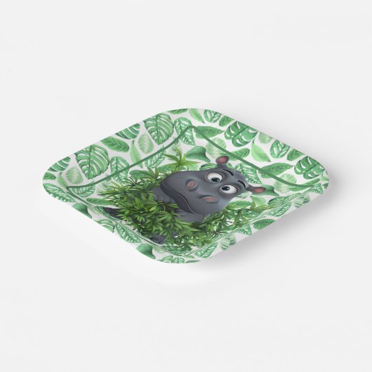 Grappig nijlpaard met groene palmbladeren Papieren Papieren Bordje (Gebogen)