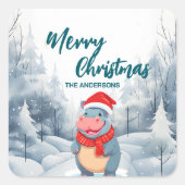 Grappig nijlpaard Vrolijk Kerstboom sneeuw Vakanti Vierkante Sticker (Voorkant)