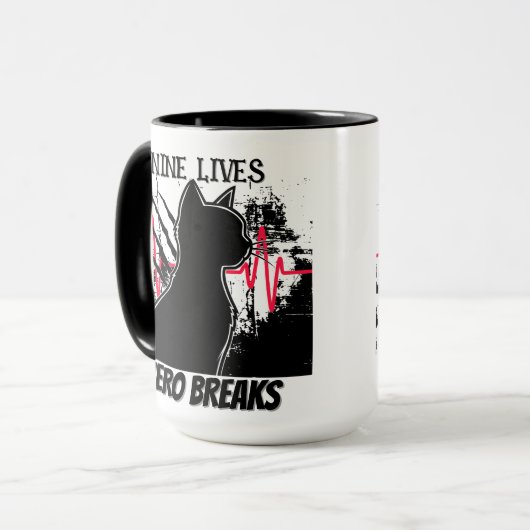 Grappig "Nine Lives Zero Breaks" Kattenliefhebber  Mok (Voorkant links)