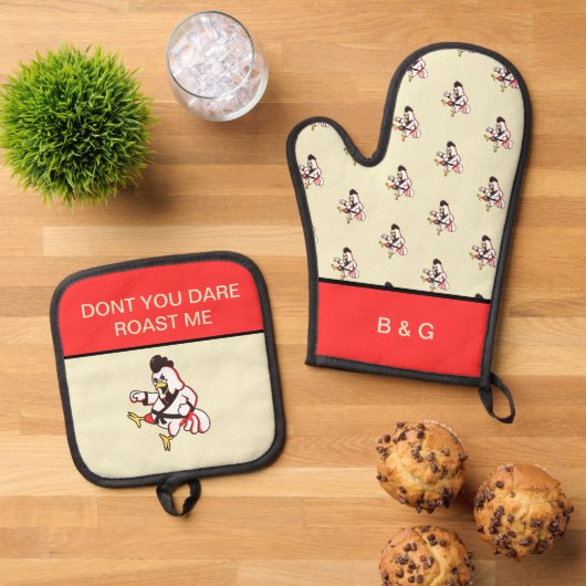 Grappig ninja kip gezegde ovenwant & pannenlap set (Top down)