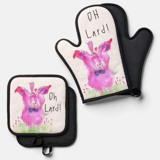 Grappig Oh Lard Pig Ovenwant & Pannenlap Set (Voorkant / Achterkant)