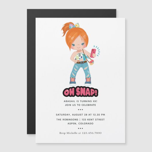 Grappig Oh Snap! Selfie Girl Birthday Party Magnetische Uitnodiging (Voorkant / Achterkant)