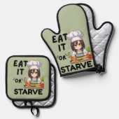 Grappig om te eten of te verhongeren ovenwant & pannenlap set (Voorkant / Achterkant)