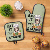 Grappig om te eten of te verhongeren ovenwant & pannenlap set (Top down)