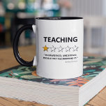 Grappig onderwijzen zou niet aanbevelen mok<br><div class="desc">Een grappige mok van leraren met het woord "onderwijzen",  met 1 op de 5 sterren,  een slecht gezegde van de review "overwerkt,  onderbetaald,  zou het niet aanbevelen",  en hun naam.</div>