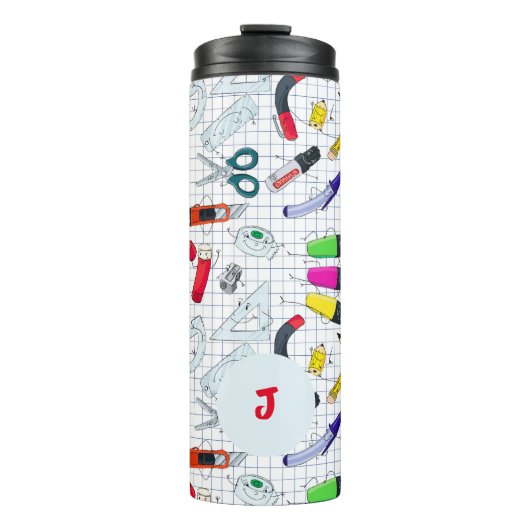 Grappig ontwerp met schoolspullen. Aangepast initi Thermosbeker (Voorkant)