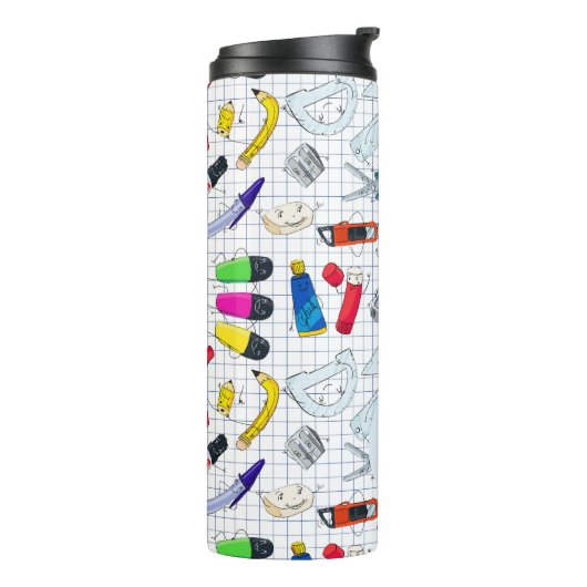 Grappig ontwerp met schoolspullen. Aangepast initi Thermosbeker (Gedraaid links)