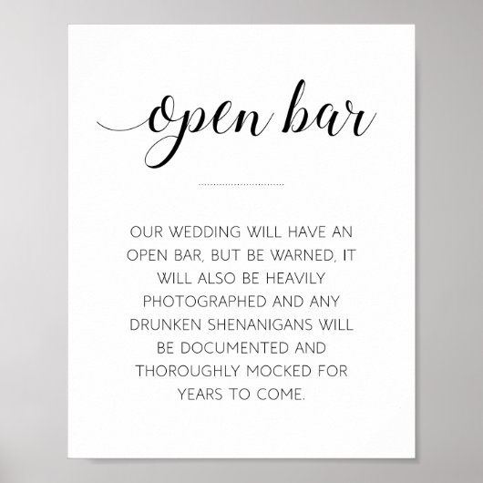 Grappig Open Bar Huwelijksbord Poster (Voorkant)