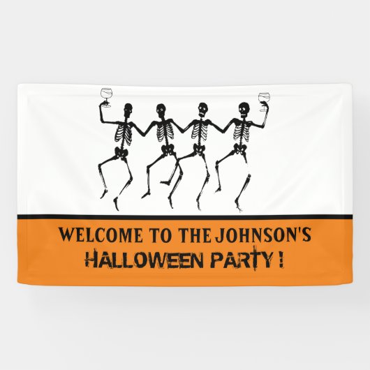 Grappig Oranje en Zwarte Dansende Skelet Halloween Spandoek (Horizontaal)