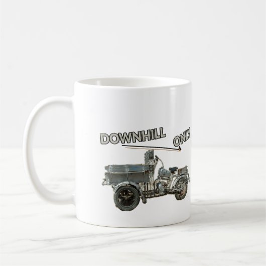 Grappig oud downhillvoertuig koffiemok (Links)