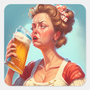 Grappig oude dame Drink een biertje Vierkante Sticker