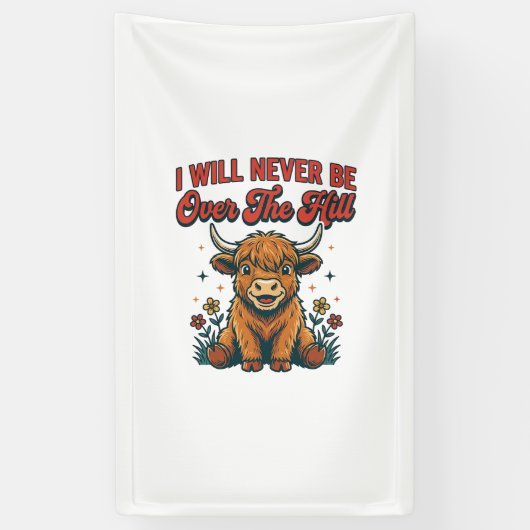 Grappig Over De Hill Hoogland Koe Geboren Ontwerp_ Spandoek (Verticaal)