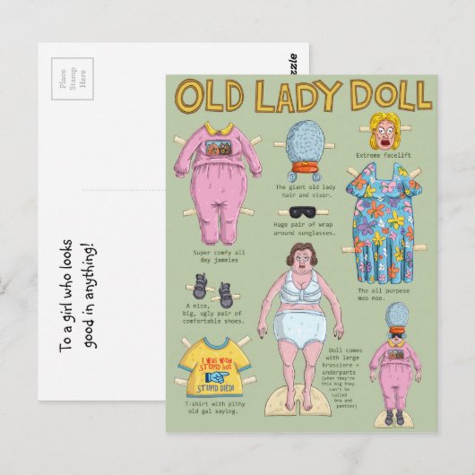 GRAPPIG Over de Hill Oude Dame Papieren Pop Briefkaart (Voorkant / Achterkant)